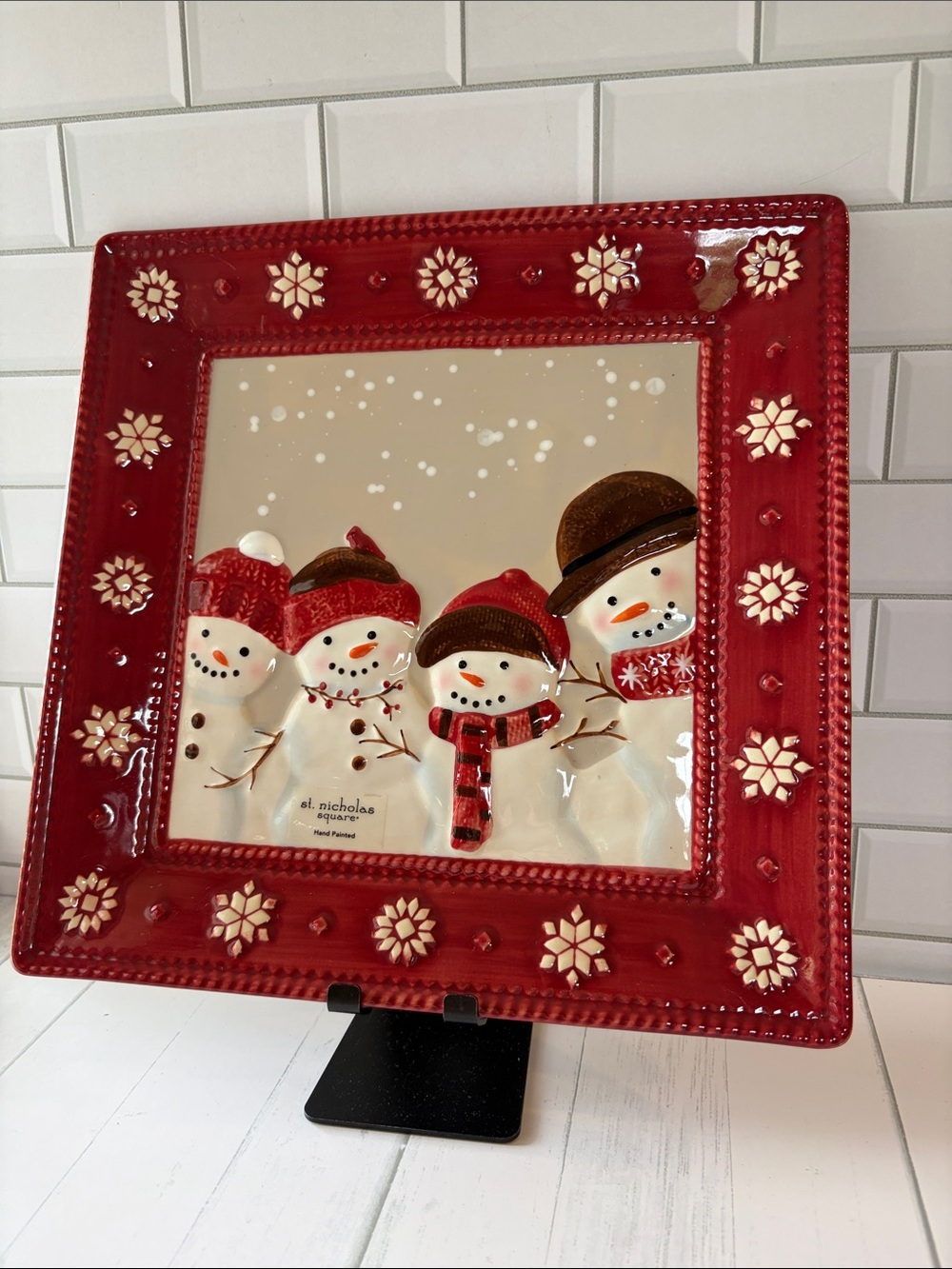 St. Nicholas Square Red and Cream Snowman Family Decorative Platter